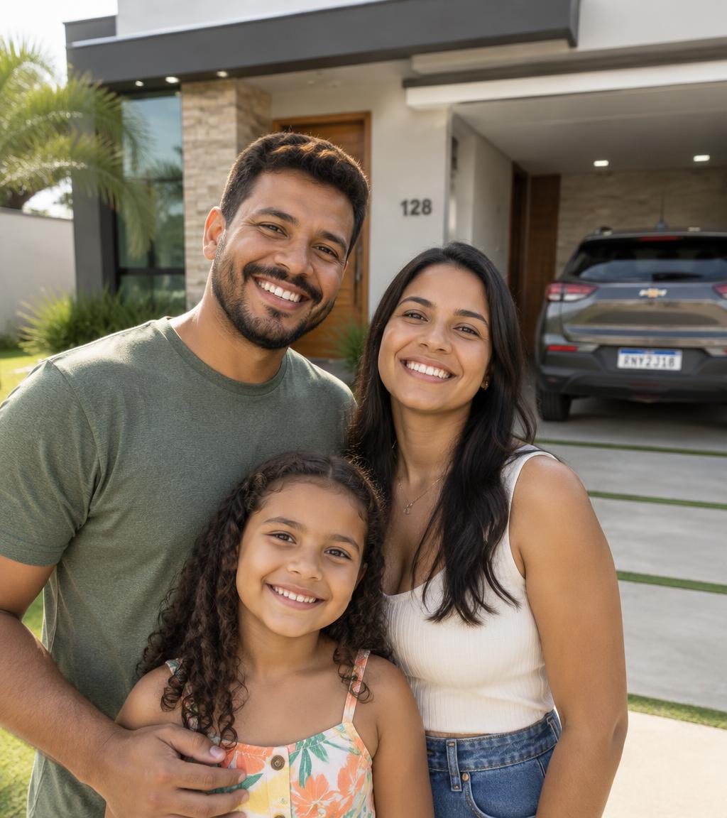 Família sorrindo em frente à casa nova com o carro na garagem